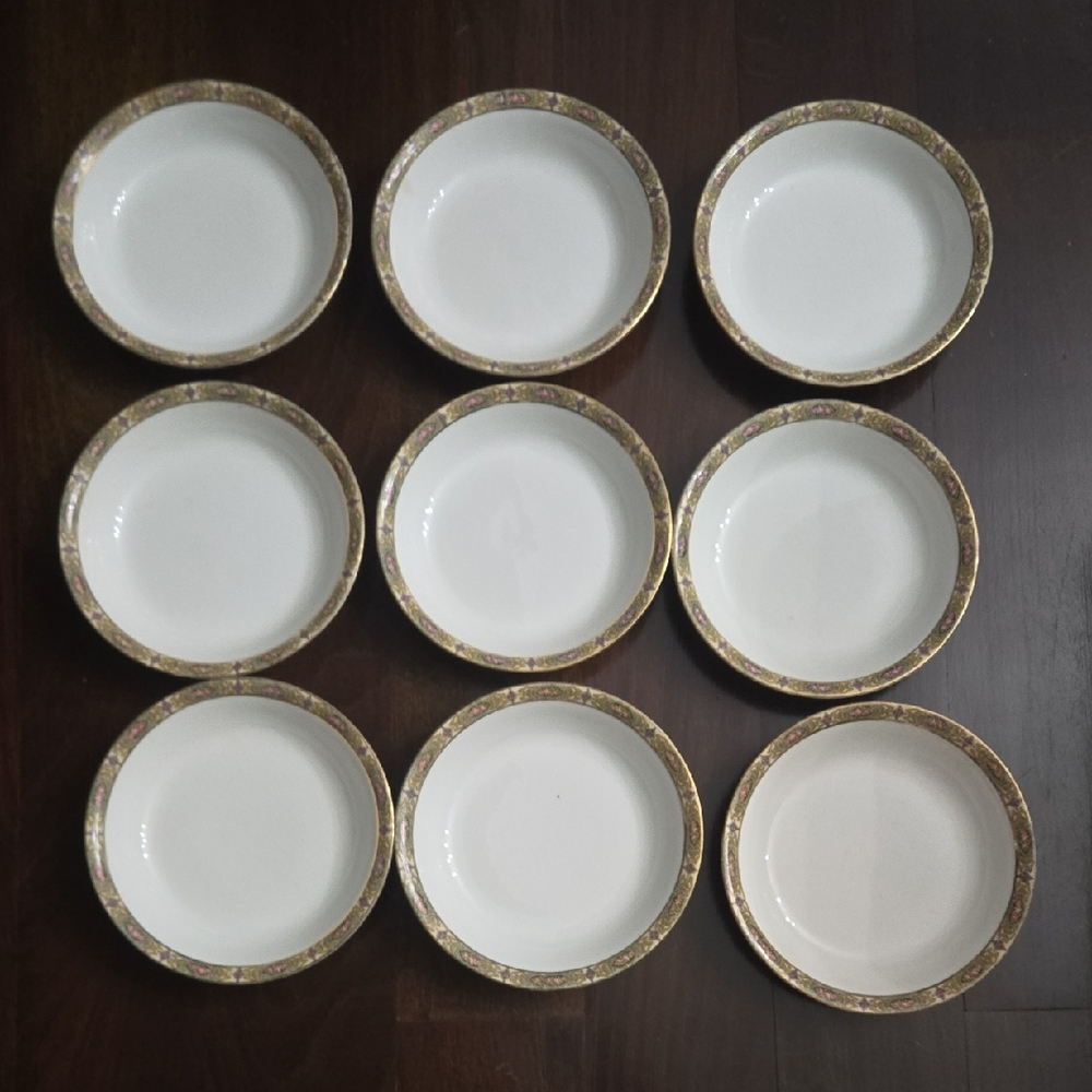 Homer Laughlin B7 H 9pc Set Of White Plates with Gold Trim Soup Bowls 8"